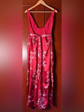 Amoureuse Red Satin Floral Lace Slip Dress Chemise Nightgown Plus Size 1X
